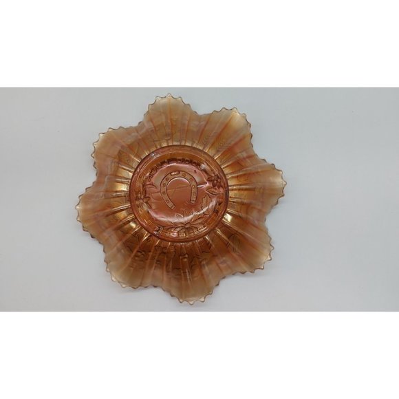 Northwood Good Luck Ruffled Bowl Ribbed Back Carnival Glass Vintage - Picture 12 of 12